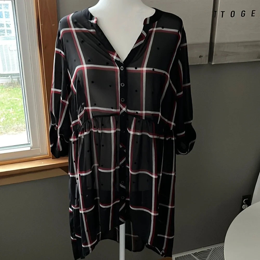 Torrid Sheer Chiffon Plaid Lexie Polka Dot Babydoll Blouse Tunic Size 1X - Picture 4 of 8